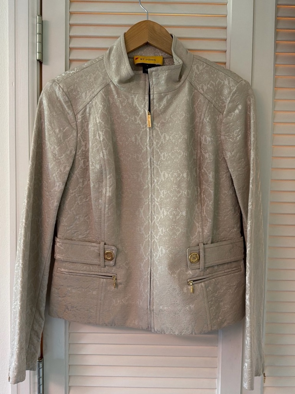 St. John Cream Jacquard Zip-Front Blazer